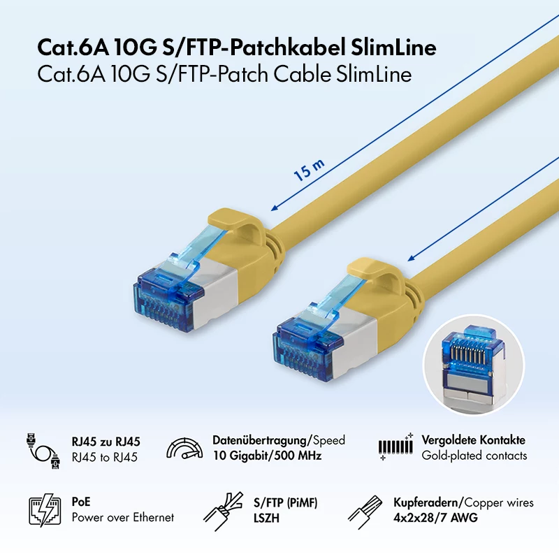 LogiLink Cat.6A Slim S/FTP LSZH Patch Cable, geltona, 15 m, SlimLine