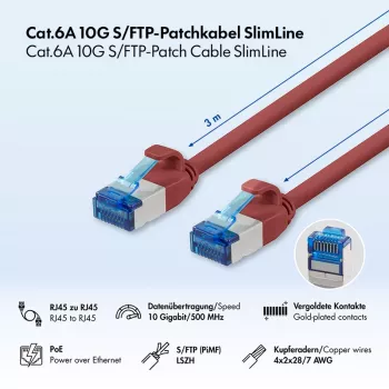 LogiLink SlimLine Cat.6A S/FTP LSZH jungiamasis kabelis, raudonas, 3 m, 10Gbps