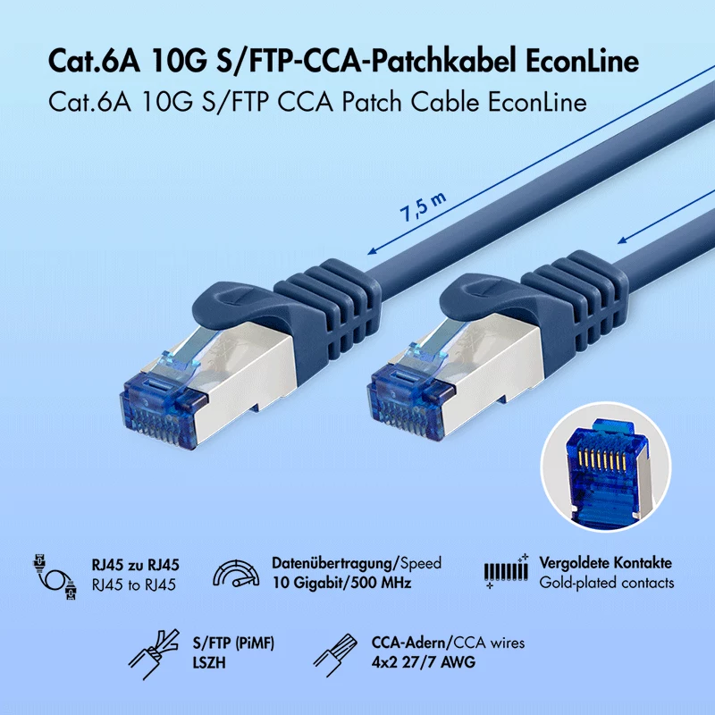 LogiLink EconLine Cat.6A S/FTP LSZH Patch Cable, CCA, mėlynas, 7,5 m
