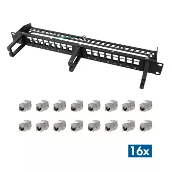 LOGILINK Modular 16 prievadų Cat.6A Keystone skydelis, 19 inch/1U, su 3 kabelių žiedais, juodas