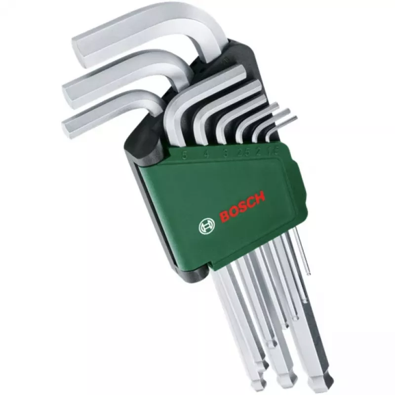 BOSCH 9 dalių šešiabriaunių raktų rinkinys su spalvomis pažymėtais L formos raktais, rutuliniu galu ir laikymo funkcija, metrinis 1,5–10 mm, BlackLaser danga, su segtuku
