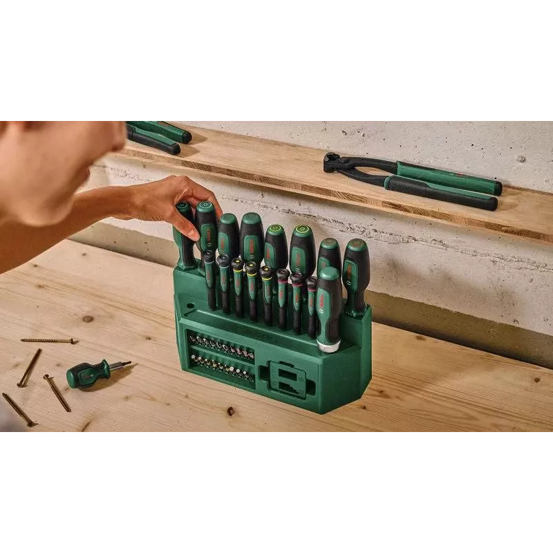 BOSCH mišrus atsuktuvų rinkinys, 39 dalių, su stovu, žalia/juoda