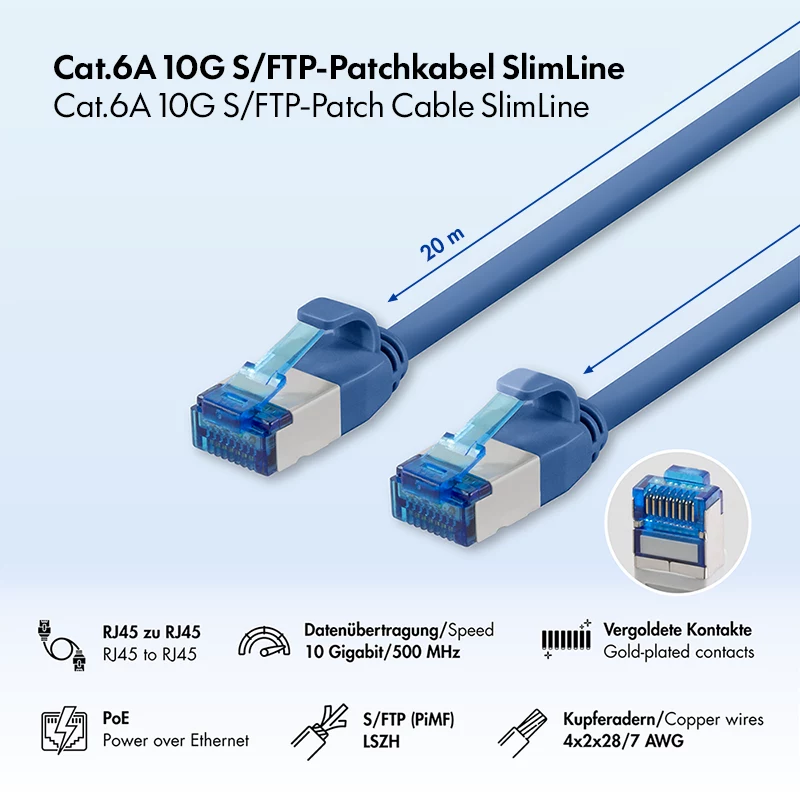 LogiLink Cat.6A S/FTP LSZH SlimLine Patch Cable, 20 m, mėlynas