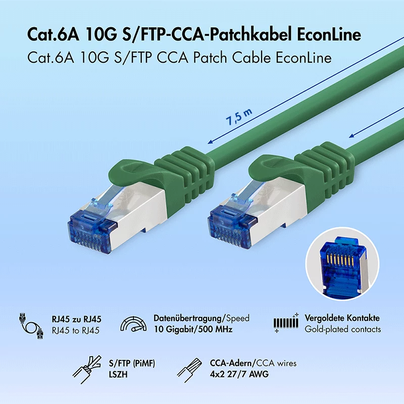 LogiLink Cat.6A S/FTP LSZH jungiamasis laidas, CCA, 7,5 m, žalias, EconLine
