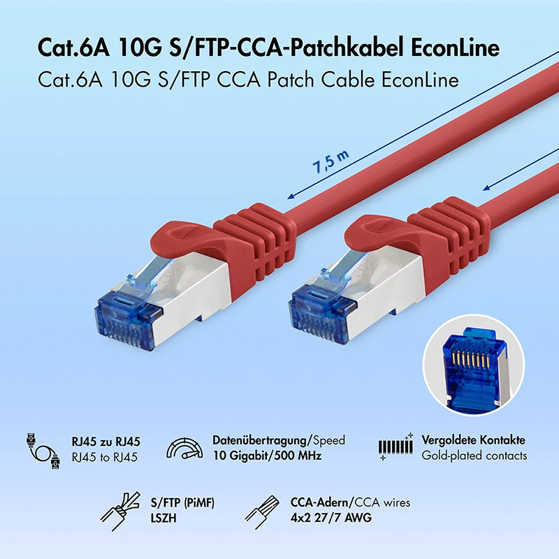LogiLink Cat.6A S/FTP LSZH jungiamasis kabelis, CCA, raudonas, 7,5 m, EconLine