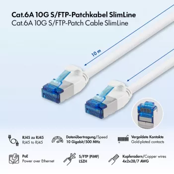 LogiLink Cat.6A Slim S/FTP LSZH laidinis kabelis, baltas, 10 m, SlimLine