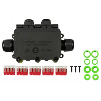 Kabelmeister 4 krypčių IP68 movų dėžutė be įrankių, 450V/25A, 0.5-2.5mm², juoda