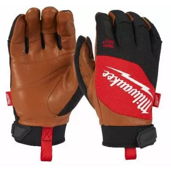 Milwaukee Leather Gloves L/9 Hybrid - juoda/raudona, jutikliniams ekranams, EN 388, sustiprintas delnas
