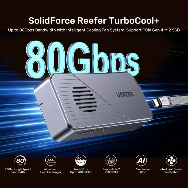 UNITEK USB4 M.2 NVMe SSD korpusas su aktyviu aušinimu, 80Gbps, be įrankių, aliuminio, USB-C