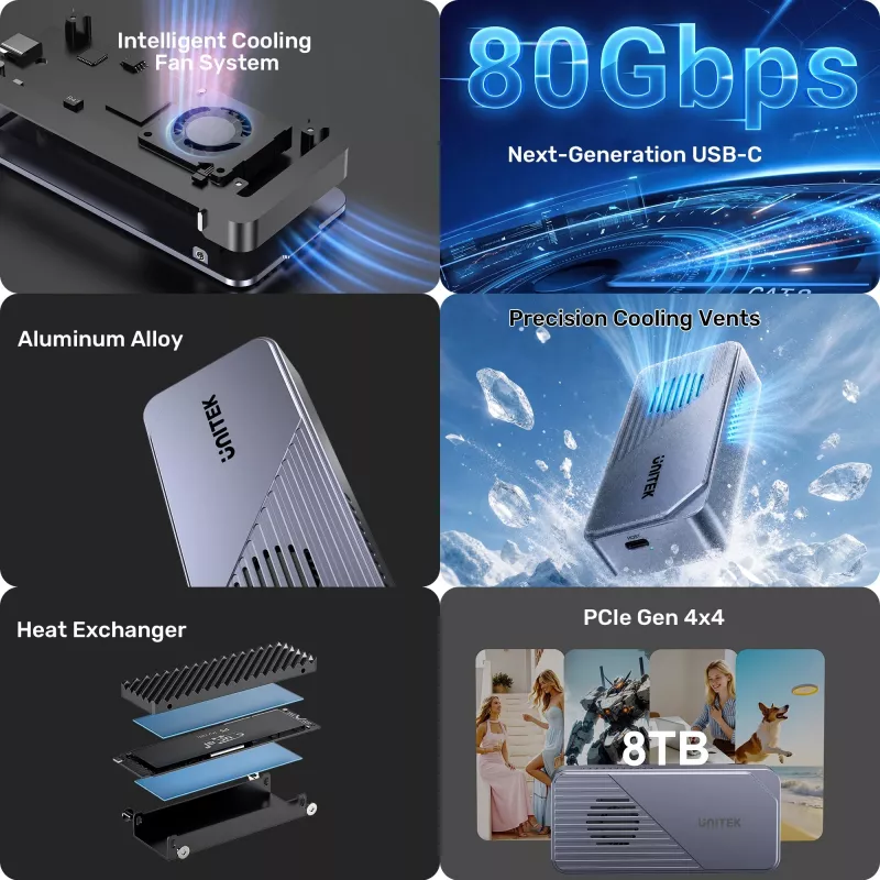 UNITEK USB4 M.2 NVMe SSD korpusas su aktyviu aušinimu, 80Gbps, be įrankių, aliuminio, USB-C