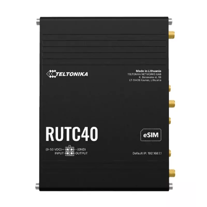 Teltonika Networks RUTC40 pramoninis 4G LTE Cat 6 dviejų juostų Wi-Fi 5 gigabitinės spartos maršrutizatorius su dviguba SIM, GNSS, UK maitinimo šaltiniu