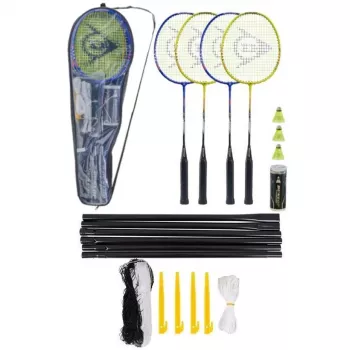 Dunlop Nitro 4 badmintono rinkinys - 4 grūdinto plieno raketės, 3 nailono volanai, nešiojimo krepšys