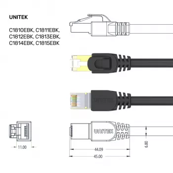 UNITEK Cat.7 S/FTP 2,0 m Ethernet jungiamasis laidas, 10Gbps, 600MHz, auksu dengti RJ45, juodas