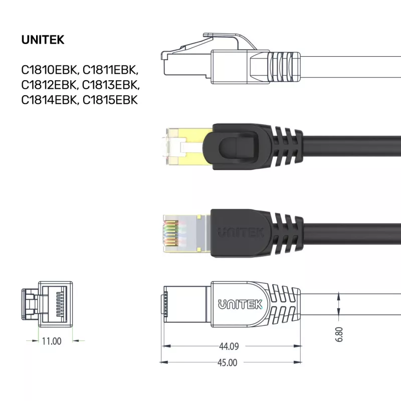 UNITEK Cat.7 S/FTP 2,0 m Ethernet jungiamasis laidas, 10Gbps, 600MHz, auksu dengti RJ45, juodas