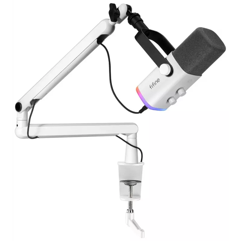 FIFINE TAM8W Dinaminis XLR/USB podkasto mikrofonas su stovo rankena, baltas