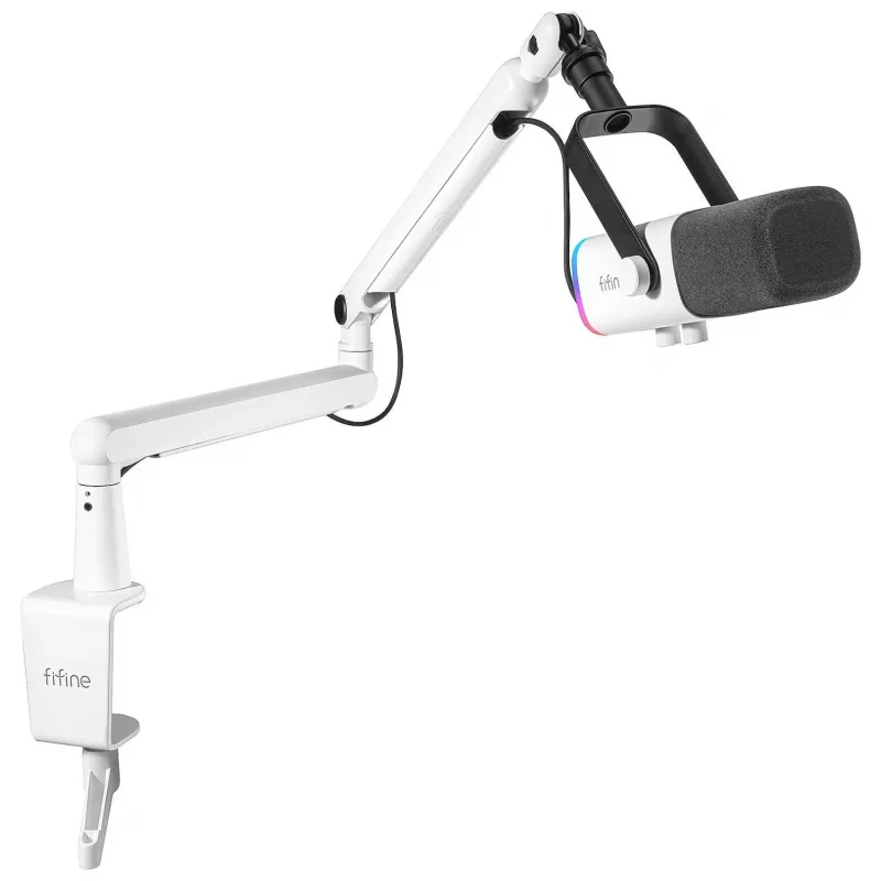 FIFINE TAM8W Dinaminis XLR/USB podkasto mikrofonas su stovo rankena, baltas