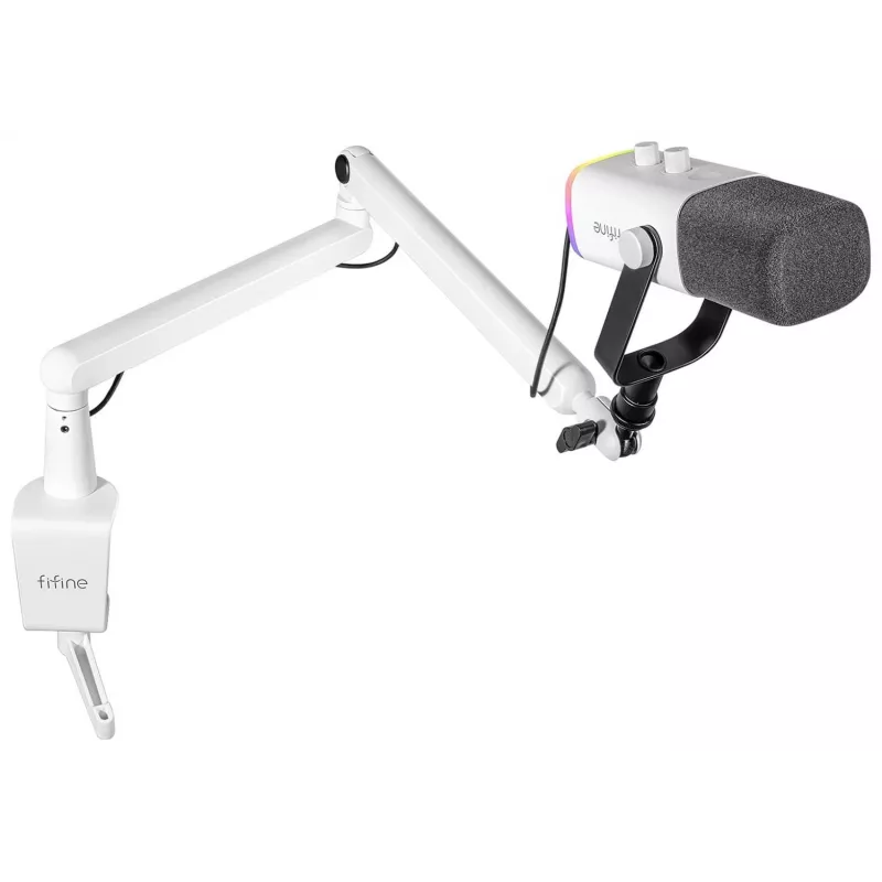 FIFINE TAM8W Dinaminis XLR/USB podkasto mikrofonas su stovo rankena, baltas