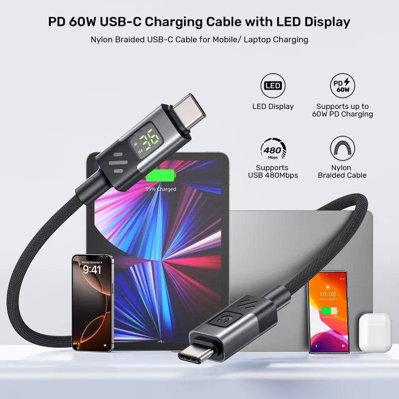 UNITEK USB-C į USB-C laidas su LED galios ekranu 60W PD 480Mbps 1m pintas juodas