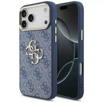 Guess 4G Big Classic Logo dėklas, skirtas iPhone 18 Pro Max / 17 Pro Max, mėlynas ir auksinis