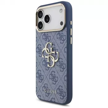Guess 4G Big Classic Logo dėklas, skirtas iPhone 18 Pro Max / 17 Pro Max, mėlynas ir auksinis