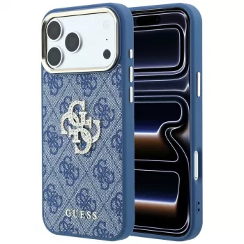 GUESS 4G & Big Strass Logo kietasis dangtelis, skirtas iPhone 18 Pro / 17 Pro - mėlynas