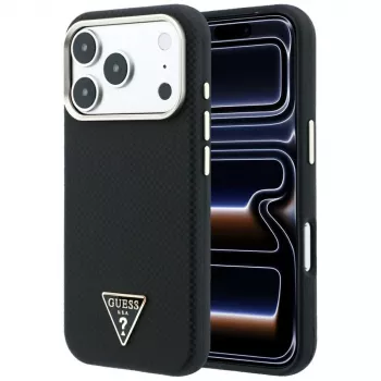 Guess Kevlar Triangle Logo MagSafe dėklas, skirtas iPhone 17 Pro / 18 Pro - juodos spalvos