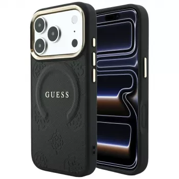 GUESS Saffiano Peony & Ring MagSafe dėklas, skirtas iPhone 18 Pro / 17 Pro – juodas
