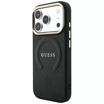 GUESS Saffiano Peony & Ring MagSafe dėklas, skirtas iPhone 18 Pro / 17 Pro – juodas