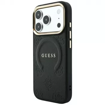 Guess Saffiano Peony & Ring MagSafe dėklas, skirtas iPhone 18 Pro Max / 17 Pro Max - juodos spalvos