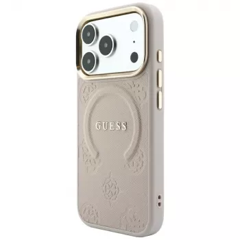 Guess Saffiano Peony & Ring MagSafe dėklas, skirtas iPhone 18 Pro / 17 Pro - rožinis