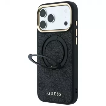 Guess Ring Stand 360 4G Classic Logo MagSafe dėklas, skirtas iPhone 18 Pro / 17 Pro, juodas