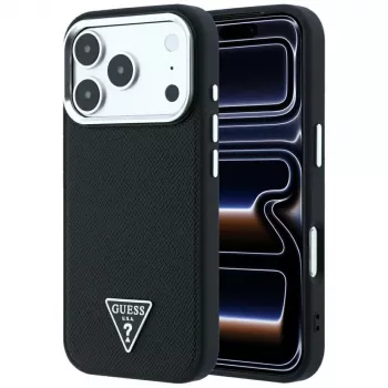 Guess Grained Triangle Logo MagSafe dėklas, skirtas iPhone 17 Pro Max / 18 Pro Max - juodas