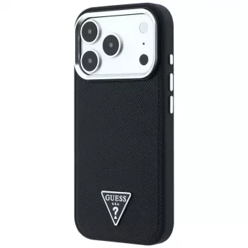 Guess Grained Triangle Logo MagSafe dėklas, skirtas iPhone 17 Pro Max / 18 Pro Max - juodas