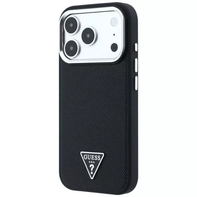 Guess Grained Triangle Logo MagSafe dėklas, skirtas iPhone 17 Pro Max / 18 Pro Max - juodas