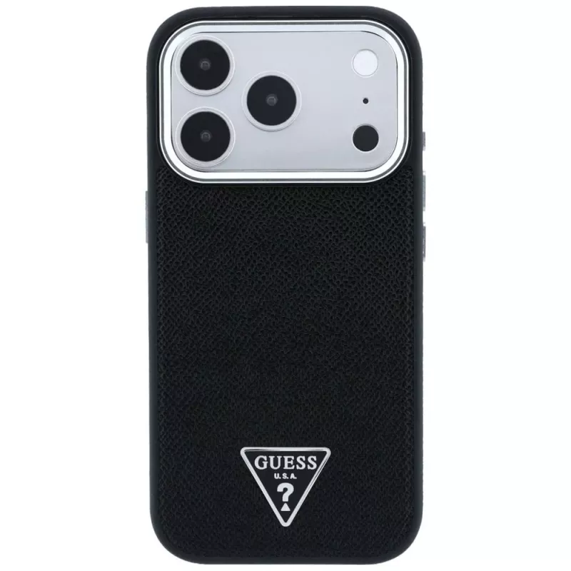 Guess Grained Triangle Logo MagSafe dėklas, skirtas iPhone 17 Pro Max / 18 Pro Max - juodas