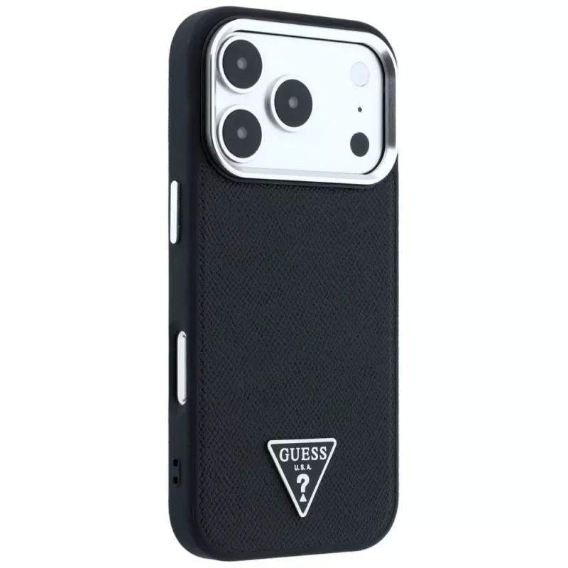 Guess Grained Triangle Logo MagSafe dėklas, skirtas iPhone 17 Pro Max / 18 Pro Max - juodas