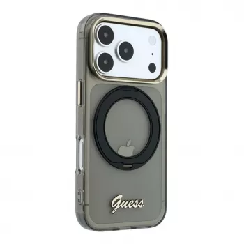 Guess IML Ring Stand 360 Script Metal Logo MagSafe dėklas, skirtas iPhone 17 Pro / 18 Pro - juodas