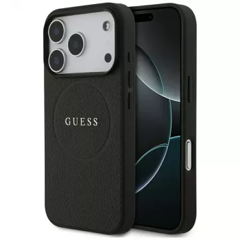 Guess Grained Gold Ring MagSafe dėklas, skirtas Apple iPhone 17 Pro / 18 Pro, juodas