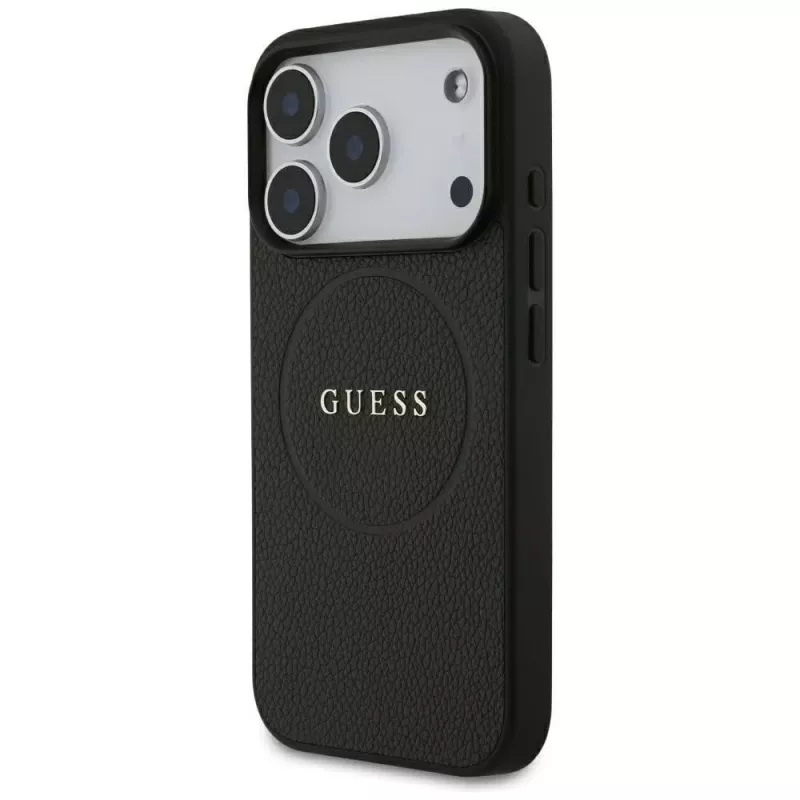 Guess Grained Gold Ring MagSafe dėklas, skirtas Apple iPhone 17 Pro / 18 Pro, juodas