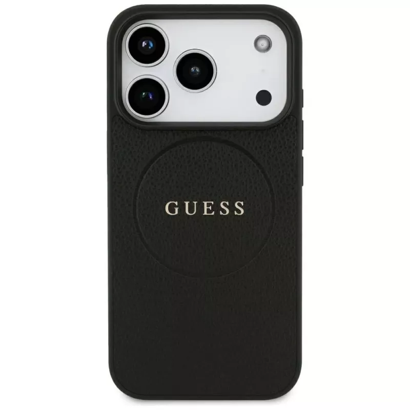 Guess Grained Gold Ring MagSafe dėklas, skirtas Apple iPhone 17 Pro / 18 Pro, juodas