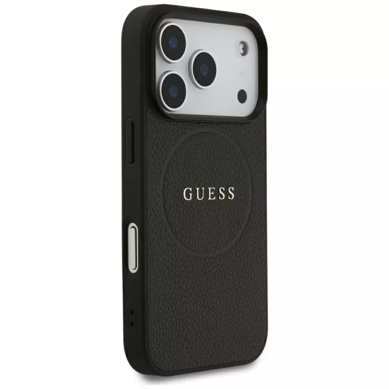 Guess Grained Gold Ring MagSafe dėklas, skirtas Apple iPhone 17 Pro / 18 Pro, juodas