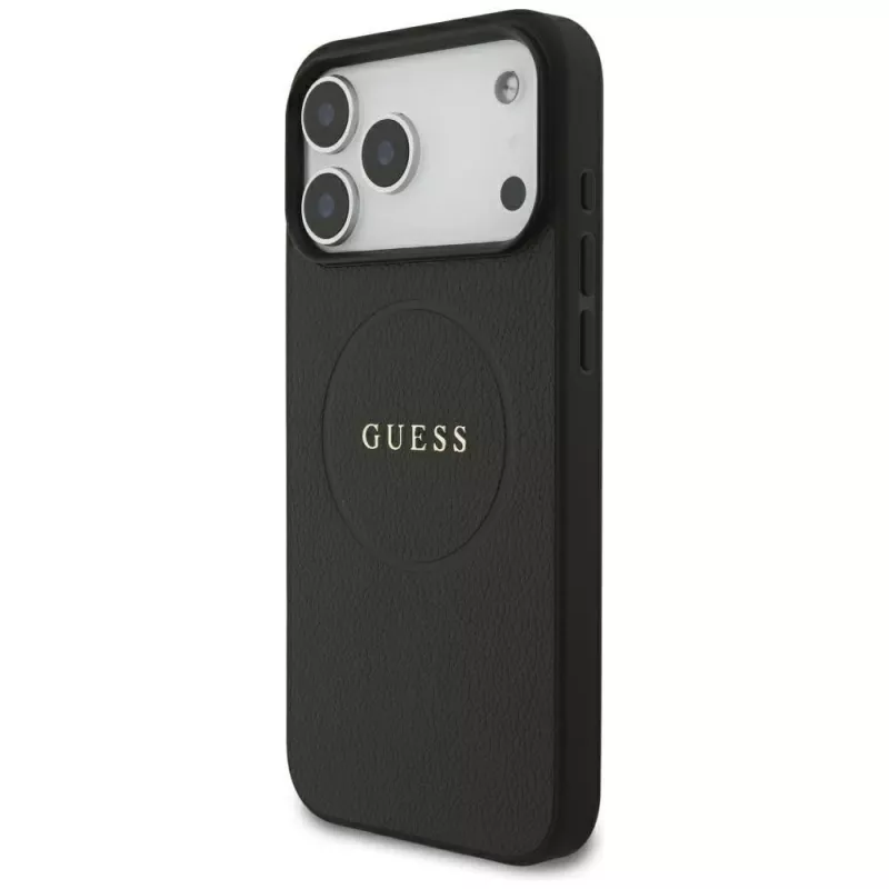 Guess Grained Gold Ring MagSafe dėklas, skirtas Apple iPhone 18 Pro Max / 17 Pro Max, juodas
