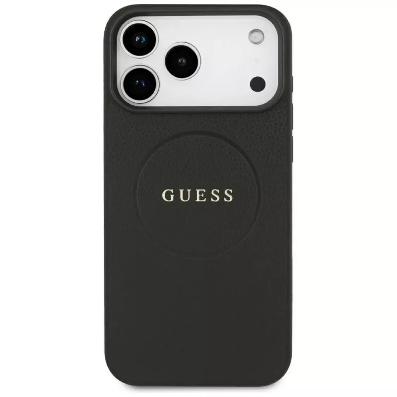 Guess Grained Gold Ring MagSafe dėklas, skirtas Apple iPhone 18 Pro Max / 17 Pro Max, juodas