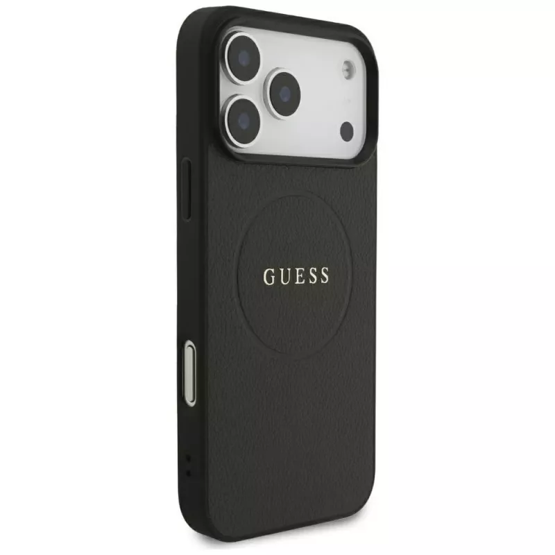 Guess Grained Gold Ring MagSafe dėklas, skirtas Apple iPhone 18 Pro Max / 17 Pro Max, juodas