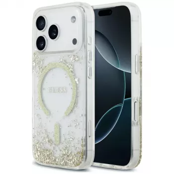 Guess Resin Bottom Glitter MagSafe dėklas, skirtas iPhone 18 Pro / 17 Pro, auksinis