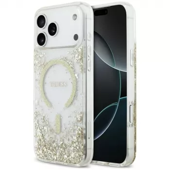 Guess Resin Bottom Glitter MagSafe dėklas, skirtas iPhone 18 Pro Max / 17 Pro Max, auksinis