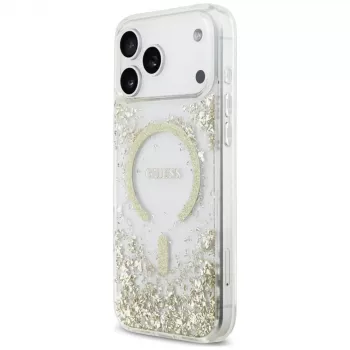 Guess Resin Bottom Glitter MagSafe dėklas, skirtas iPhone 18 Pro Max / 17 Pro Max, auksinis