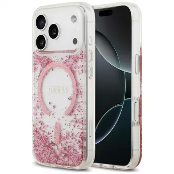 Guess Resin Bottom Glitter MagSafe dėklas, skirtas Apple iPhone 18 Pro / 17 Pro, rožinis
