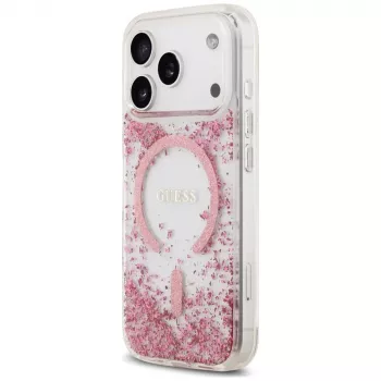Guess Resin Bottom Glitter MagSafe dėklas, skirtas Apple iPhone 18 Pro / 17 Pro, rožinis