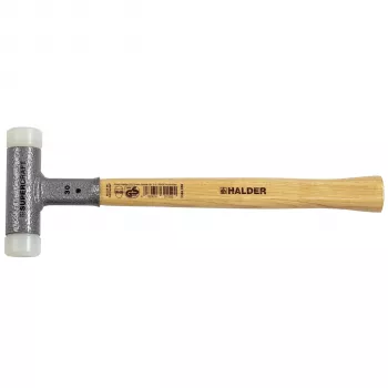 Halder SUPERCRAFT plaktukas H 30 su vibraciją mažinančia rankena, 30 mm galvutės skersmuo, baltas specialus nailono smūginis paviršius, vidutinio kietumo, plieninis korpusas